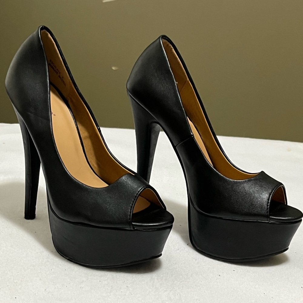 Dollhouse Black Peep Toe Platform Heels.